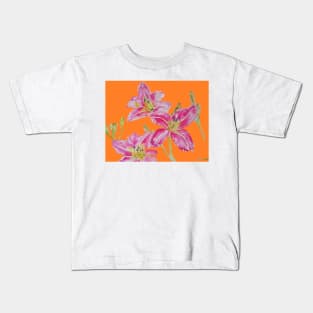 Pink Lily Flower Watercolor Painting Pattern - on Orange Kids T-Shirt